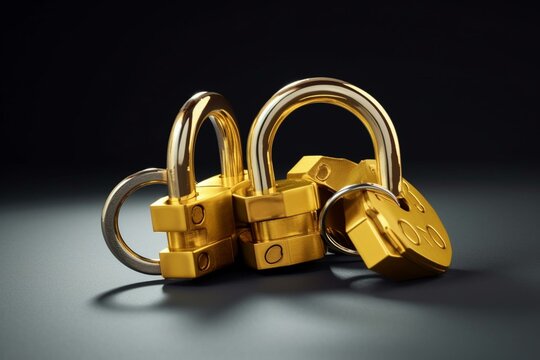 Secure golden rings interlocked by a yellow padlock. Generative AI