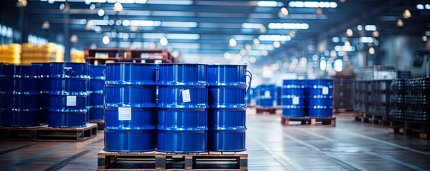 Blue barrel drum on the pallets contain liquid chemical in warehouse prepare for delivery to customer by made to order. Manufacture of chemicals production. Oil and chemical industrial works concept.	 - obrazy, fototapety, plakaty