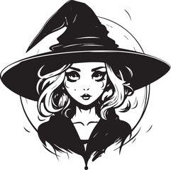 vector illustration of witch in hat Black and white vector silhouette illustration. Halloween Witch design element Halloween event