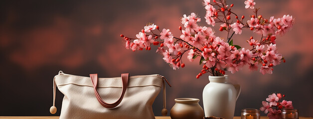 Unbranded ladies bag and flowers, fashion accessories and cosmetic mockup style background  - Powered by Adobe