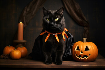 Portrait of Black Cat against of a room decorated for Halloween