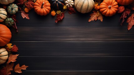 thanksgiving pumpkins and other fall foliage on a wooden background,