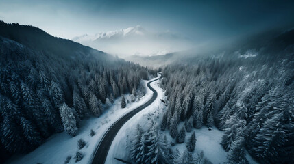 Aerial photo of a curvy road going trough the snowy mountain forest after snowfall. Space for text. Generative AI. - obrazy, fototapety, plakaty
