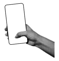 Halftone hand holding smartphone with blank screen vertically and touching the display. Hand gesture, mock up phone template. Vector illustration isolated on transparent background