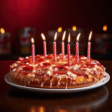 Pizza with birthday candles on top, closeup high angle photo of pepperoni pizza with burning candles for birthday party