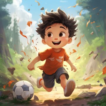 Cute childish boy playing football
