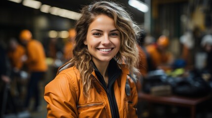 Fototapeta premium Smiling portrait of a female factory worker