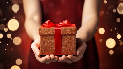 Christmas wallpaper, hands holding gift box on red background, Generative AI