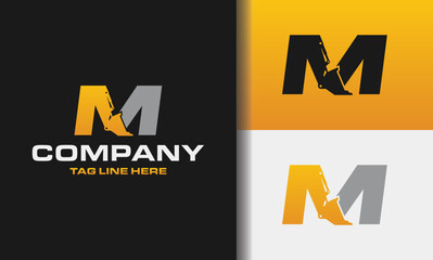 Letter M bulldozer heavy equipment logo vector. Loader logo vector for construction company. Vehicle equipment template vector illustration for your branding.   © Shenju