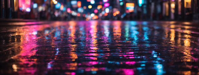 Streets after rain with reflections of light on a wet road