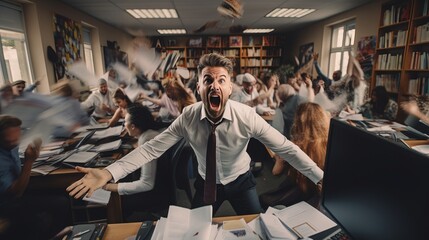Businessman screaming looking at the camera in a chaotic and stressful office, mental health, work-related stress, Business woes, Office turmoil, Overwork, wellness, healing - obrazy, fototapety, plakaty