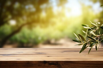 Empty wooden table with blurred olive tree background, perfect for product advertising. Generative AI