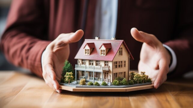 Real estate agent man holding a house model
