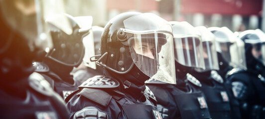 Riot Police during a people demonstration to disperse the crowd during the May Day labor march, a day of mobilization against  pension reform law and for social justice - obrazy, fototapety, plakaty