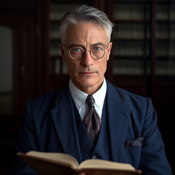 man 52, dressed in 3 piece pinstripe suit, almond shaped blue eyes with black glasses, quarter grey hair, short hair, holding notebook and pen, small smile, handsome.