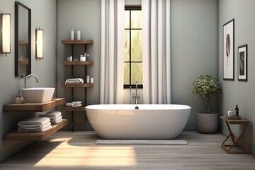 Fototapeta na wymiar Contemporary bathroom with tub, sink, mirror, towels, and accessories, digitally created. Generative AI
