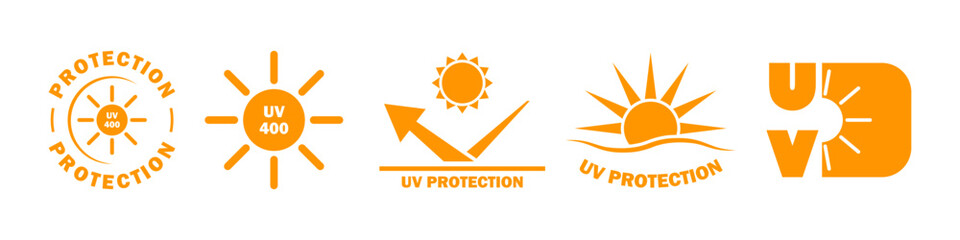 UV Protection, Ultraviolet rays protection vector stickers for sunglasses or sunblock lotion. - obrazy, fototapety, plakaty
