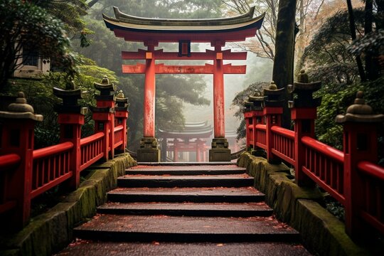 Entrance to torii gate: mystical gateway. Generative AI