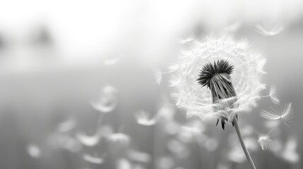 Black and white close-up photograph of a lone dandelion seed head with fluffy white seeds dispersing in the wind against a blurred background.