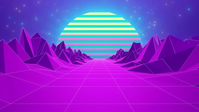 A colorful cyber space brimming with trendy vibes, where the future and retro intersect. It's a high-quality animation for backgrounds.
