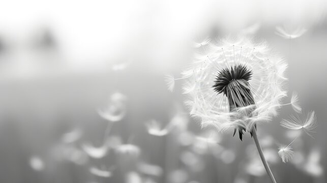 Black and white close-up photograph of a lone dandelion seed head with fluffy white seeds dispersing in the wind against a blurred background.