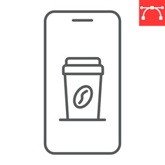Coffee app line icon, mobile and takeaway, coffee paper cup on smartphone vector icon, vector graphics, editable stroke outline sign, eps 10.