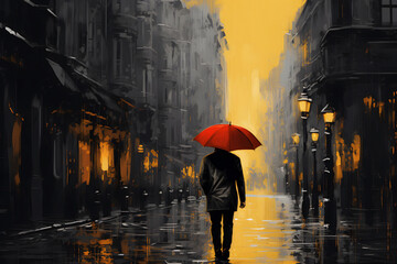  A man walking in the rain with an umbrella. Red yellow and black themed street with buildings. Back view. Photorealistic. Close-up