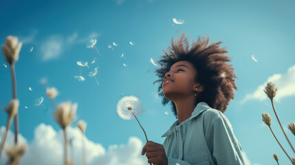African-American girl holding a flower blowing a dandelion, standing in summer meadow, blue sky background looking at sun, allergy free concept, African female teenager, photo template with copy space - obrazy, fototapety, plakaty