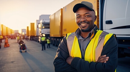 African American transportation factory truck driver standing and smiling by action arms crossed in front of lorry at container yard of port on evening.
