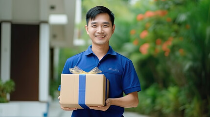 Asian deliver man in blue uniform holding box standing in front of customer home.