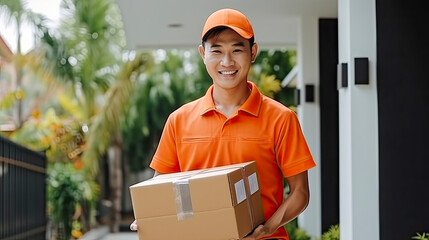 Asian deliver man in orange uniform holding box standing in front of customer home. - obrazy, fototapety, plakaty