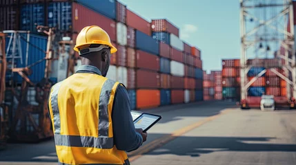 Foto op Canvas Black worker working checking at Container cargo harbor to loading containers. African dock staff business Logistics import export shipping concept © Sasint
