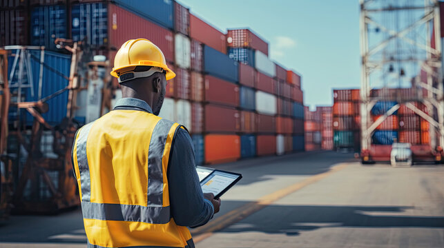 Black worker working checking at Container cargo harbor to loading containers. African dock staff business Logistics import export shipping concept