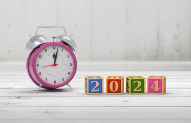 New Year 2024 Creative Design Concept with alarm Clock - 3D Rendered Image
