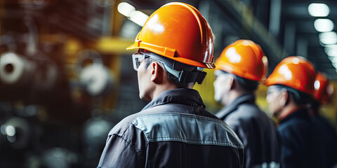 Close-up professional heavy industry engineer Workers wearing safety suits, goggles and hard hats in industrial factory background.