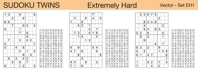 A set of 3 extremely hard scalable sudoku twins puzzles suitable for kids, adults and seniors and ready for web use, or to be compiled into a standard or large print activity book.