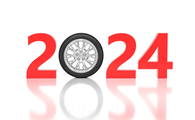 New Year 2024 Creative Design Concept with Wheel - 3D Rendered Image	
