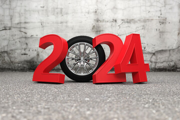 New Year 2024 Creative Design Concept with Wheel  - 3D Rendered Image	
