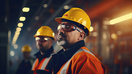 Close-up professional heavy industry engineer Workers wearing safety suits, goggles and hard hats in industrial factory background.