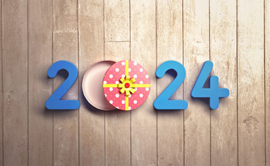 New Year 2024 Creative Design Concept gift box - 3D Rendered Image	
