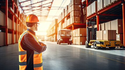 Conceptual image of logistics business, Engineer with Forklift truck lifting cargo container box in logistic industrial area - obrazy, fototapety, plakaty