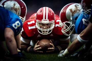 Player in a red uniform holds the ball from attackers in a blue uniform, American football, rugby