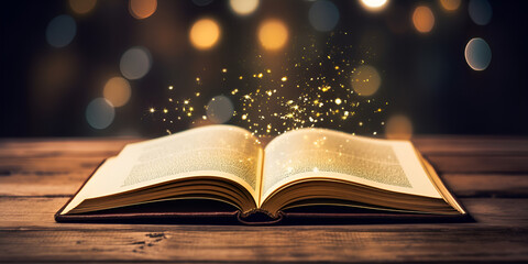  3d render of magic old book with bokeh lgolden light in dark background,holy book on table,