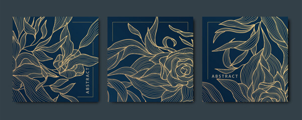 Vector set of floral templates, beauty cards, backgrounds. Square banners, frames, premuim gold patterns, labels. Art deco wallpaper. Line japanese style.