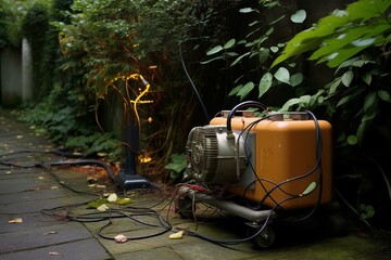 A power generator placed in a garden on the pavement. Generative AI - obrazy, fototapety, plakaty