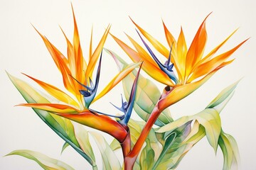 Stunning watercolor painting of vibrant strelitzia flowers, also known as bird of paradise, set against a white background. Generative AI