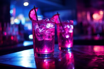 Bright pink drinks glowing under neon lights. Generative AI - obrazy, fototapety, plakaty