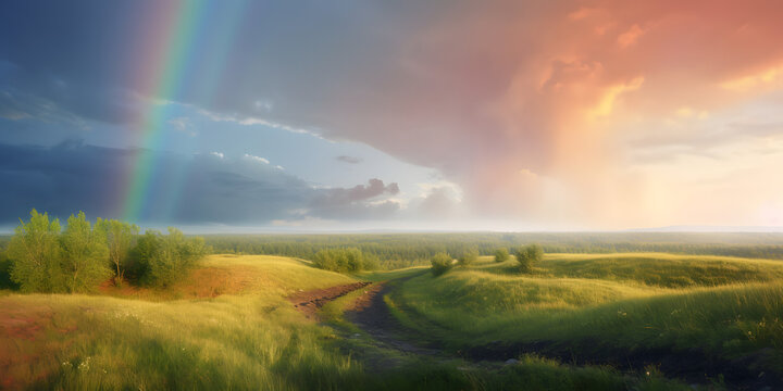 dreamy landscape with fluffy clouds and a rainbow one generative AI
