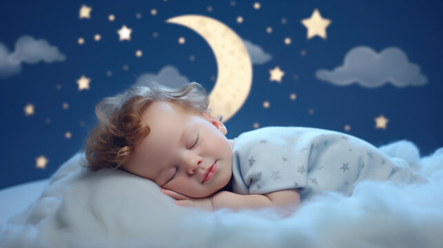 b&eacute;b&eacute; en train de dormir dans un d&eacute;cor de r&ecirc;ve, arri&egrave;re plan de nuit &eacute;toil&eacute;e au clair de lune sur un parterre cotonneux faisant penser &agrave; un nuage