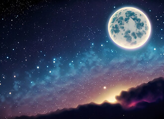 night sky full of stars, full moon, dynamic colors, 4k resolution, view of the night sky and moon decorated with stars